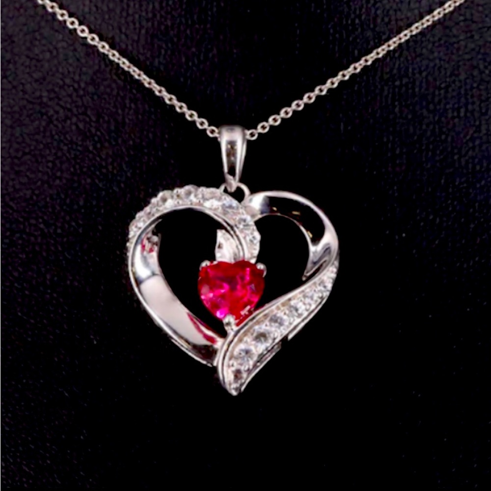 Ruby and white sapphire sterling silver heart necklace. 18” 925 Sterling